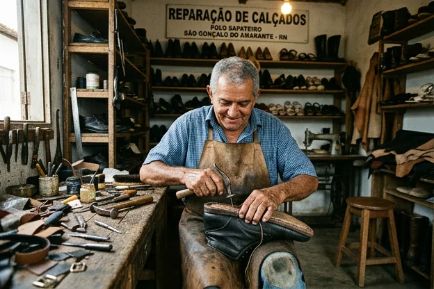 Sapateiro trabalhando na manutenção de calçados em São Gonçalo do Amarante.