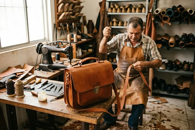 Bolsa de couro bem conservada em um ambiente de sapataria em São Gonçalo do Amarante.