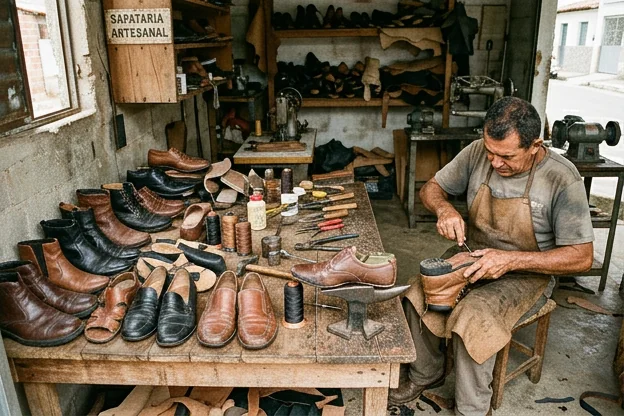 Diferentes modelos de sapatos expostos em um ambiente de sapataria em São Gonçalo do Amarante.